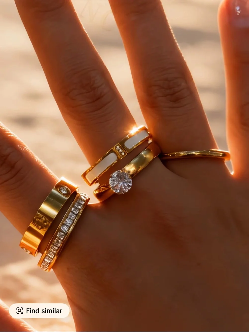 Gold Stainless Steel Women's Ring Set with White Accents